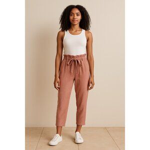 American Eagle XS Paperbag Waist Tie Belt Cropped Pants Pink Striped Linen Blend